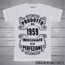 Carica l'immagine nel visualizzatore di Gallery, T-shirt per festa di compleanno PRODOTTO NEL 1959 INVECCHIATO ALLA PERFEZIONE