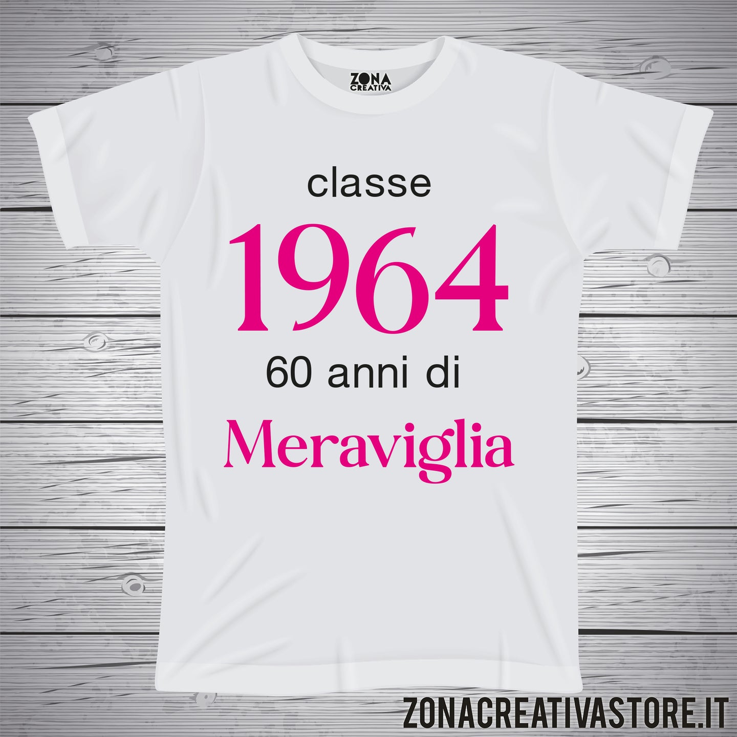 T-shirt per festa di compleanno CLASSE 1964 rosa