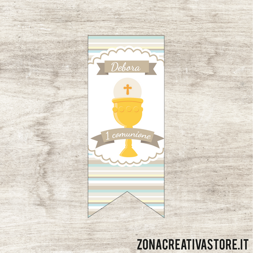 ADESIVI A FORMA DI BANDIERA PER COMUNIONE DISPONIBILI IN 3 COLORI: ROSA, AZZURRO E AVORIO - MISURA H. 5x2 CM. Cod. CO001