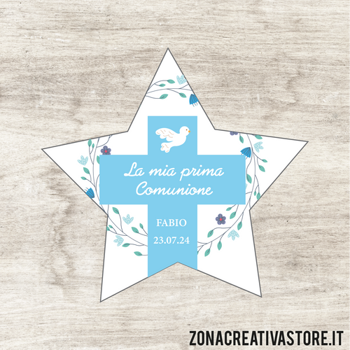 ADESIVO TAG A FORMA DI STELLA PER COMUNIONE DISPONIBILI IN 3 COLORI: ROSA, AZZURRO E AVORIO - MISURA H, 4,6 x 4,8 CM. Cod. CO004
