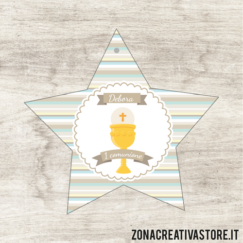 TAG IN CARTONCINO A FORMA DI STELLA PER COMUNIONE DISPONIBILI IN 3 COLORI: ROSA, AZZURRO E AVORIO - MISURA H, 4,6 x 4,8 CM. Cod. CO002