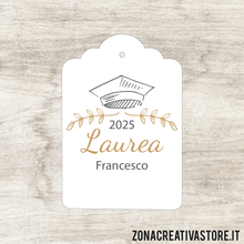 Carica l&#39;immagine nel visualizzatore di Gallery, TAG A FORMA DI TAG CLASSICO PER LAUREA DISPONIBILI IN 3 COLORI DIVERSI - MISURA H. 4,3x3 CM. Cod. LA005