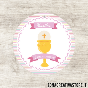 TAG IN CARTONCINO A FORMA TONDO PER COMUNIONE DISPONIBILI IN 3 COLORI: ROSA, AZZURRO E AVORIO - MISURA DIAM. 5,2 CM. Cod. CO001