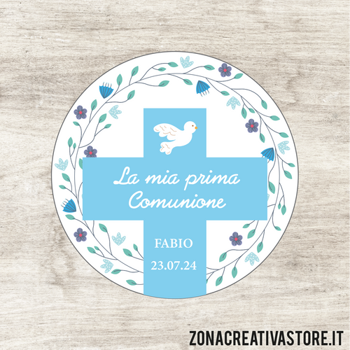 ADESIVO TAG A FORMA TONDO PER COMUNIONE DISPONIBILI IN 3 COLORI: ROSA, AZZURRO E AVORIO - MISURA DIAM. 5,2 CM. Cod. CO004