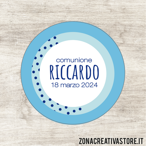 ADESIVO TAG A FORMA TONDO PER COMUNIONE DISPONIBILI IN 3 COLORI: ROSA, AZZURRO E AVORIO - MISURA DIAM. 5,2 CM. Cod. CO006