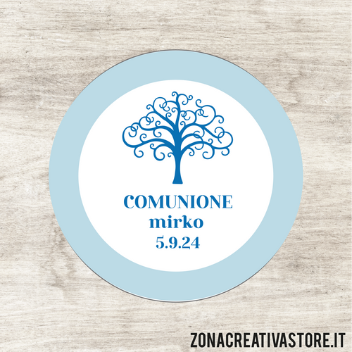 ADESIVO TAG A FORMA TONDO PER COMUNIONE DISPONIBILI IN 3 COLORI: ROSA, AZZURRO E AVORIO - MISURA DIAM. 5,2 CM. Cod. CO002