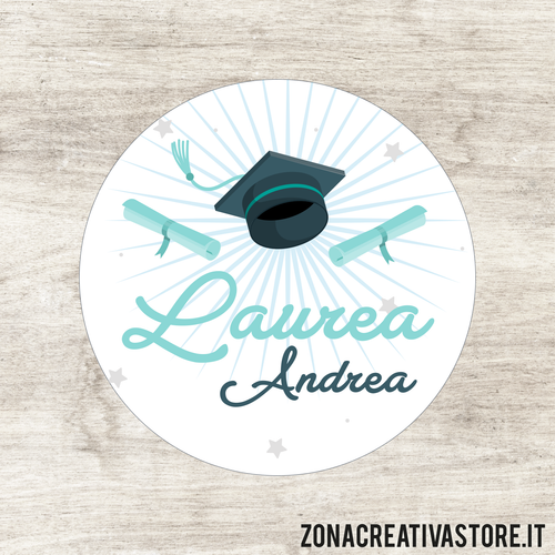 ADESIVO TAG A FORMA TONDO PER LAUREA DISPONIBILI IN 3 COLORI DIVERSI - MISURA DIAM. 5,2 CM. Cod. LA003