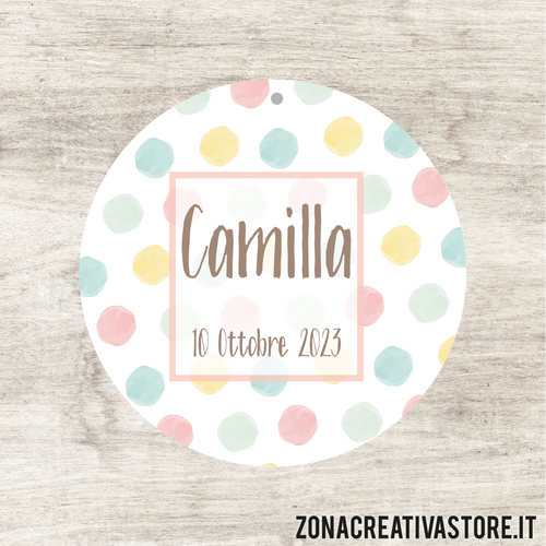 TAG A FORMA TONDA PER BATTESIMO DISPONIBILI IN 3 COLORI: ROSA, AZZURRO E AVORIO - MISURA DIAM. 5,1 CM. Cod. BA012