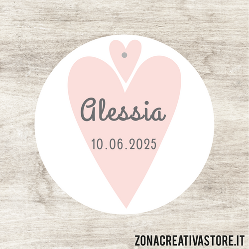 TAG A FORMA TONDA PER BATTESIMO DISPONIBILI IN 3 COLORI: ROSA, AZZURRO E AVORIO - MISURA DIAM. 5,1 CM. Cod. BA006